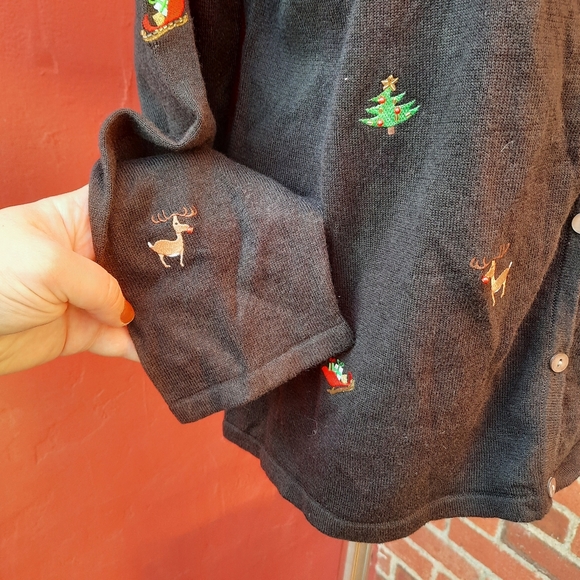 Vintage Y2K Ugly Christmas Sweater Embroidered Reindeer Cardigan Holiday - Picture 5 of 10